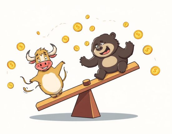 A vibrant cartoon illustrating the volatile nature of crypto futures liquidations with bulls, bears, and flying coins.