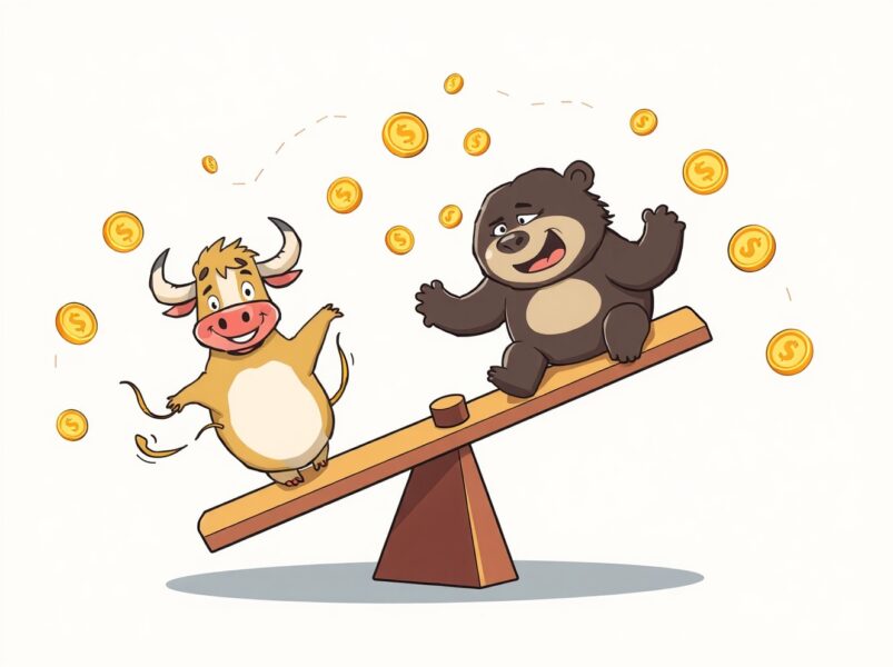 A vibrant cartoon illustrating the volatile nature of crypto futures liquidations with bulls, bears, and flying coins.