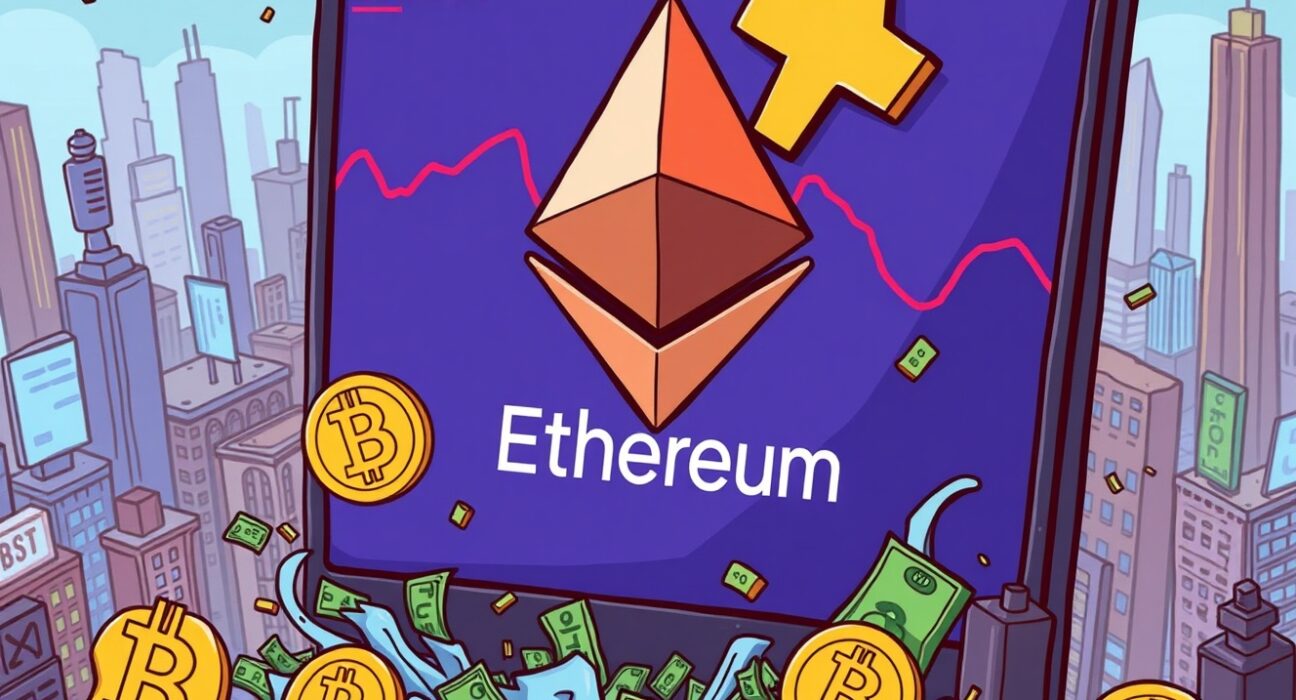 Cartoon illustration of crypto futures liquidations, with Ethereum (ETH) leading the market wipeout.