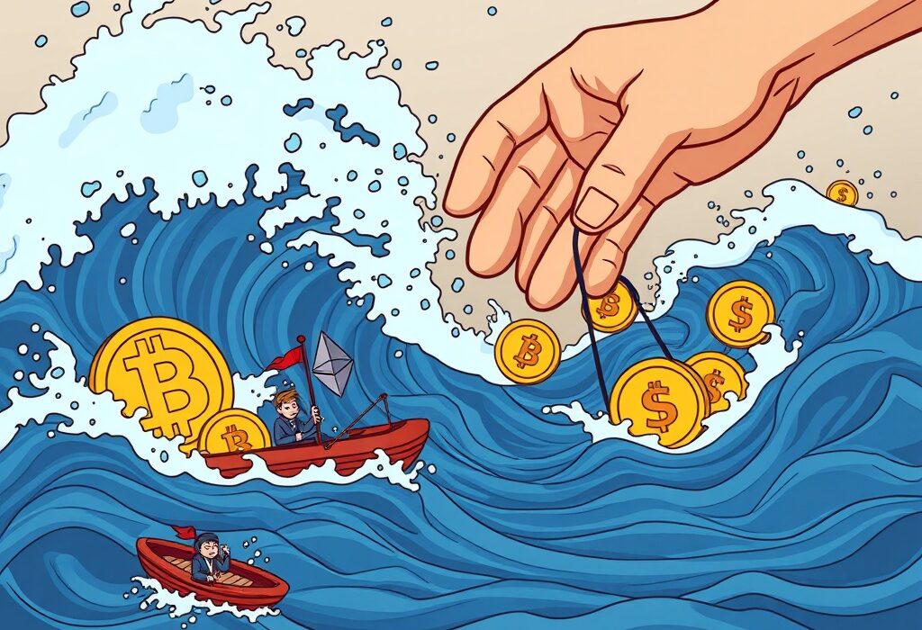 Illustration depicting significant crypto futures liquidations, showing major cryptocurrencies falling amidst market volatility.