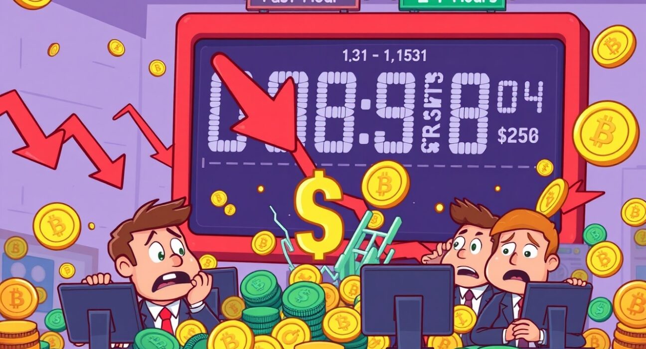 Cartoon illustration showing the dramatic impact of crypto futures liquidations on the market, with digital coins falling rapidly.