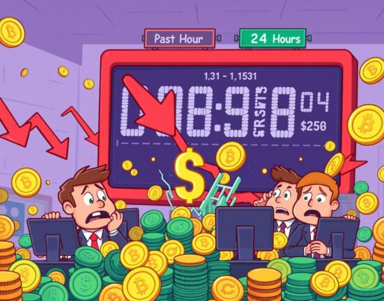 Cartoon illustration showing the dramatic impact of crypto futures liquidations on the market, with digital coins falling rapidly.