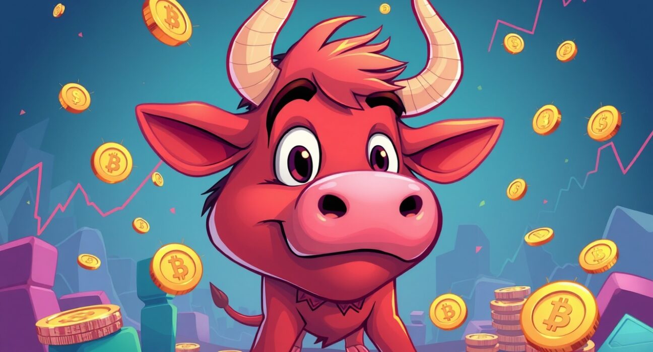 Cartoon illustration of crypto futures liquidations showing a surprised bull amidst falling digital coins.