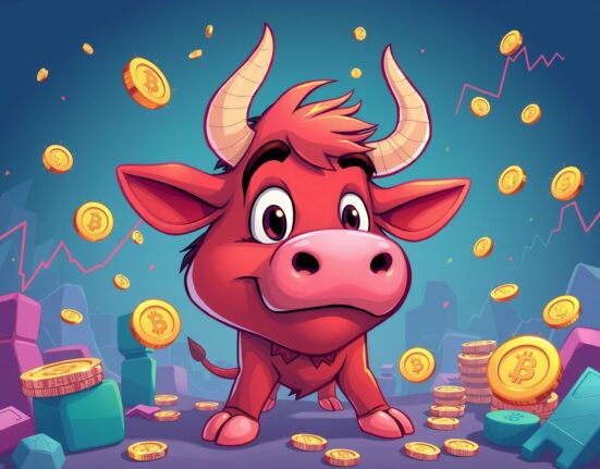 Cartoon illustration of crypto futures liquidations showing a surprised bull amidst falling digital coins.