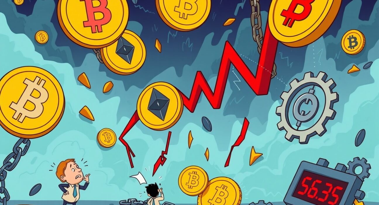 A cartoon showing crypto futures liquidations impacting long positions, with Bitcoin, Ethereum, and Solana symbols falling amidst market volatility.