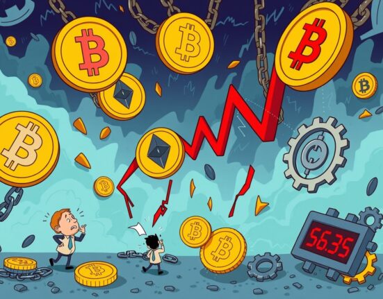 A cartoon showing crypto futures liquidations impacting long positions, with Bitcoin, Ethereum, and Solana symbols falling amidst market volatility.