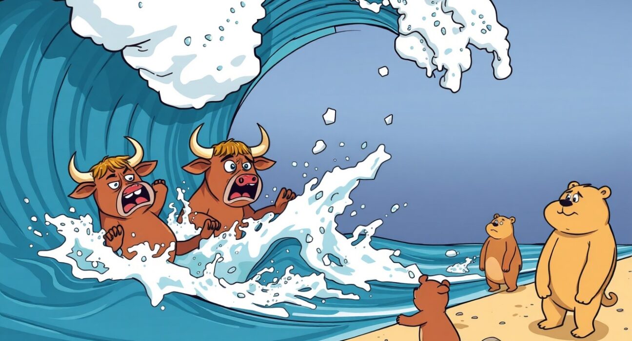 Cartoon illustration showing dramatic crypto futures liquidations with traders watching coins disappear