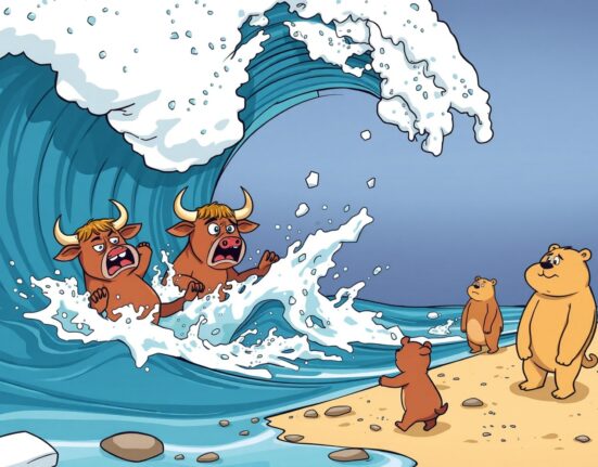 Cartoon illustration showing crypto futures liquidations overwhelming long position traders