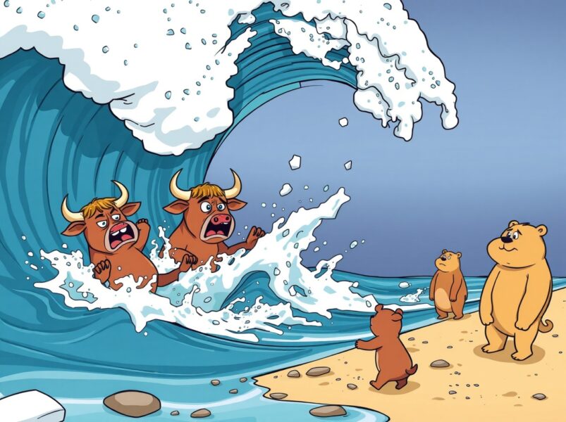 Cartoon illustration showing crypto futures liquidations overwhelming long position traders
