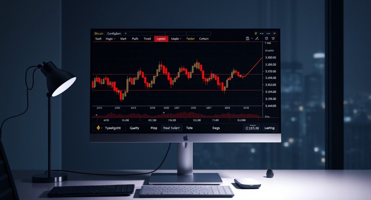 Trading monitor showing Bitcoin and Ethereum liquidation data with red candlestick charts in a dimly lit office