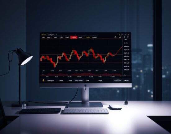 Trading monitor showing Bitcoin and Ethereum liquidation data with red candlestick charts in a dimly lit office