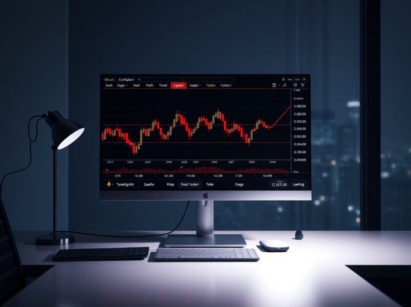 Trading monitor showing Bitcoin and Ethereum liquidation data with red candlestick charts in a dimly lit office