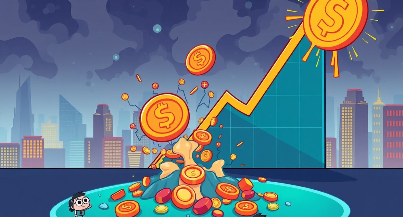 A cartoon illustration depicting the chaotic impact of crypto futures liquidations on traders and the market, symbolizing financial losses and the sudden drop in crypto futures liquidations.