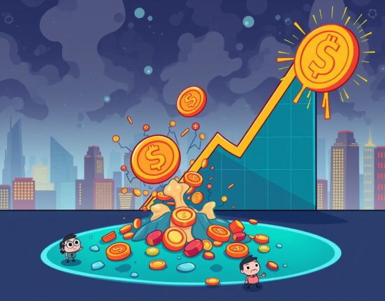 A cartoon depiction of digital assets being 'liquidated' from a falling market graph, illustrating the impact of crypto futures liquidations on traders.