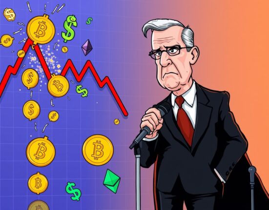 A cartoon showing crypto futures liquidations causing a sharp market drop after a Federal Reserve announcement, illustrating rapid financial impact.