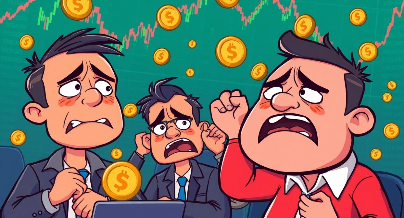 Cartoon illustration showing short positions being overwhelmed by an upward price surge, symbolizing massive crypto futures liquidations.