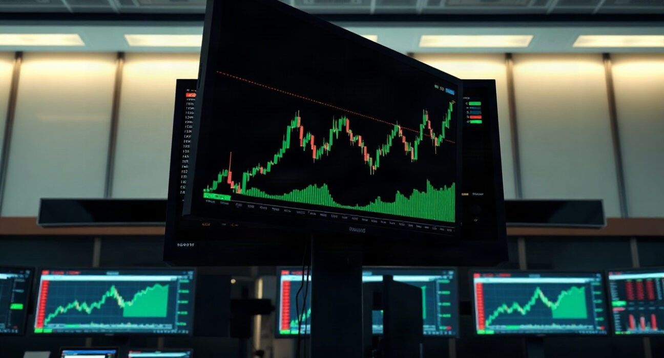 Crypto trading screen showing green charts and rising prices during a market rally