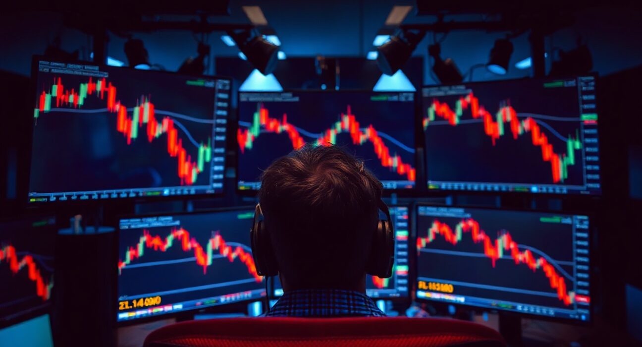 Trading desk monitors showing crypto futures liquidation data and price charts