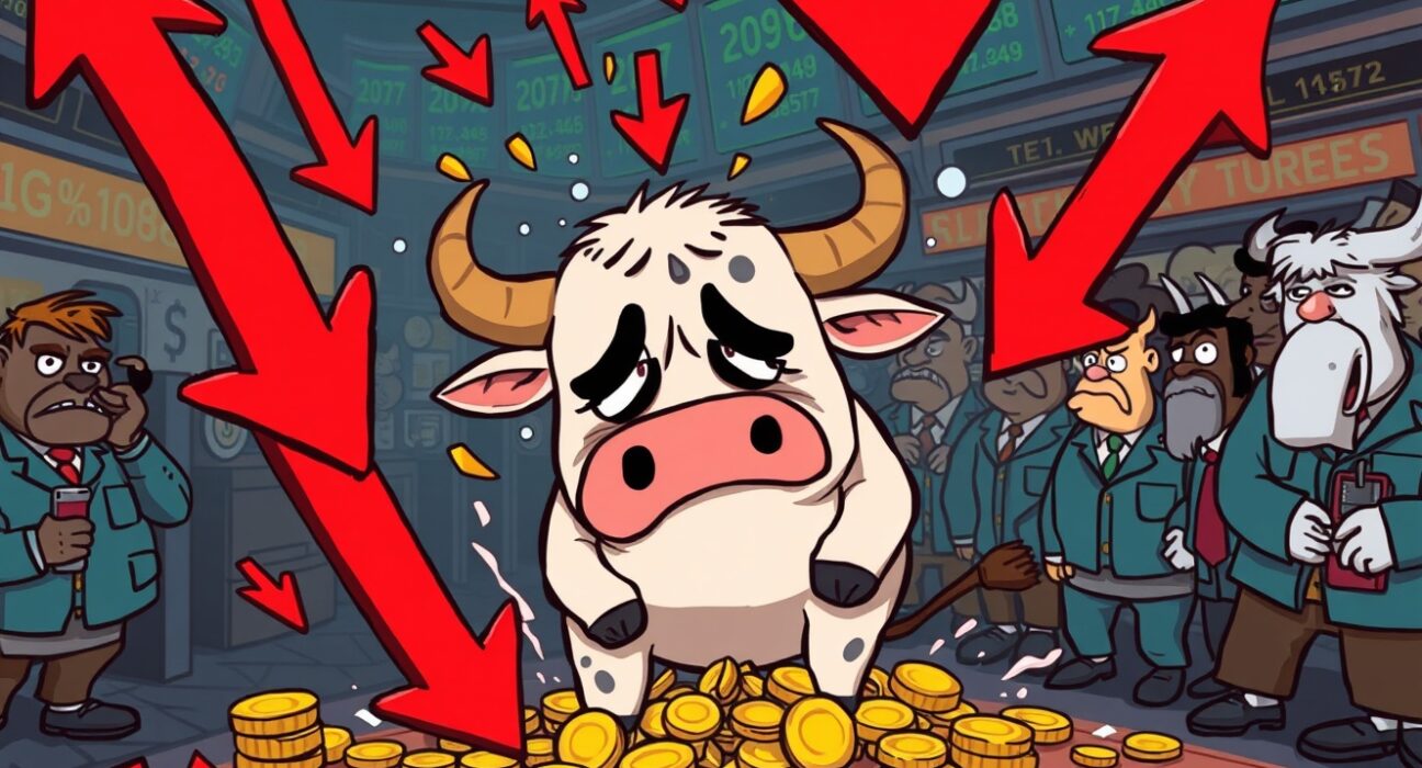 A cartoon bull trader overwhelmed by a wave of crypto futures liquidations during a market downturn.