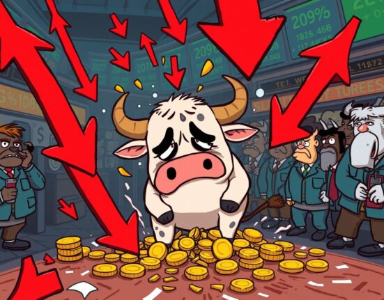 A cartoon bull trader overwhelmed by a wave of crypto futures liquidations during a market downturn.