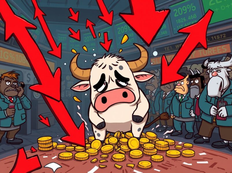 A cartoon bull trader overwhelmed by a wave of crypto futures liquidations during a market downturn.