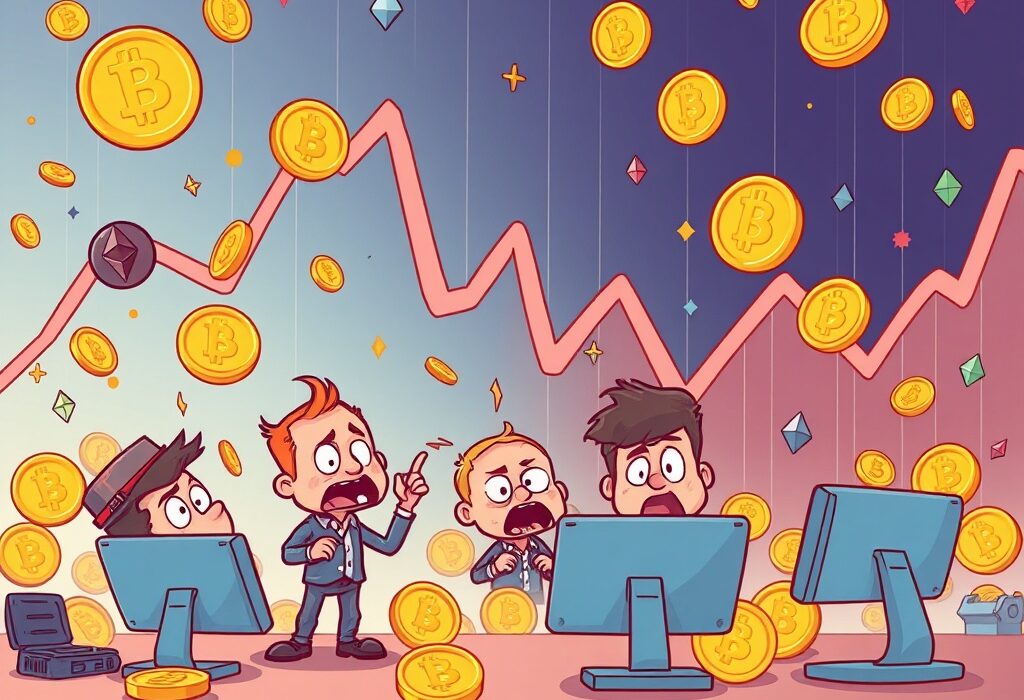 A cartoon illustration depicting the dramatic impact of crypto futures liquidations on traders amidst market volatility.