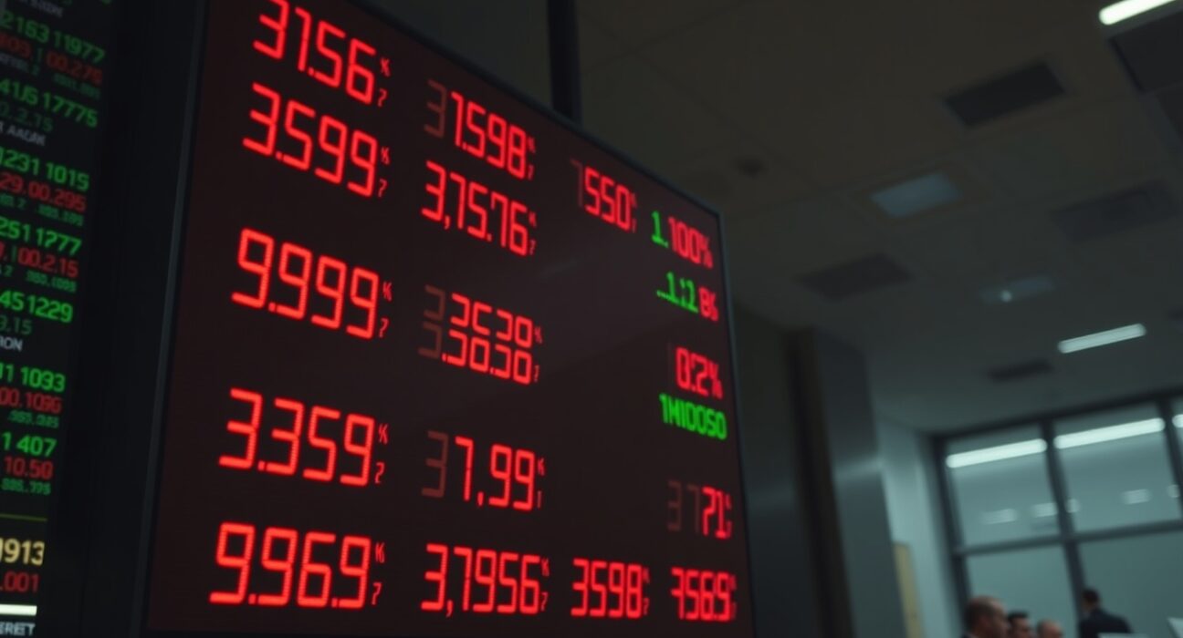 Digital trading board showing crypto liquidation data in a dimly lit office