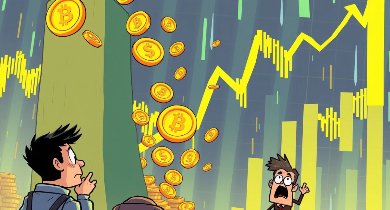 A cartoon illustration showing digital assets disappearing, representing the impact of significant crypto futures liquidations on the market.