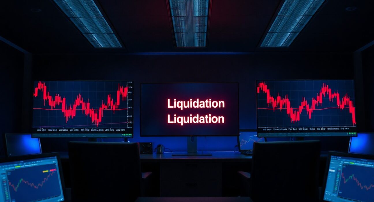 Professional trading desk with red candlestick charts and liquidation data on multiple monitors