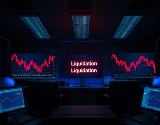 Professional trading desk with red candlestick charts and liquidation data on multiple monitors