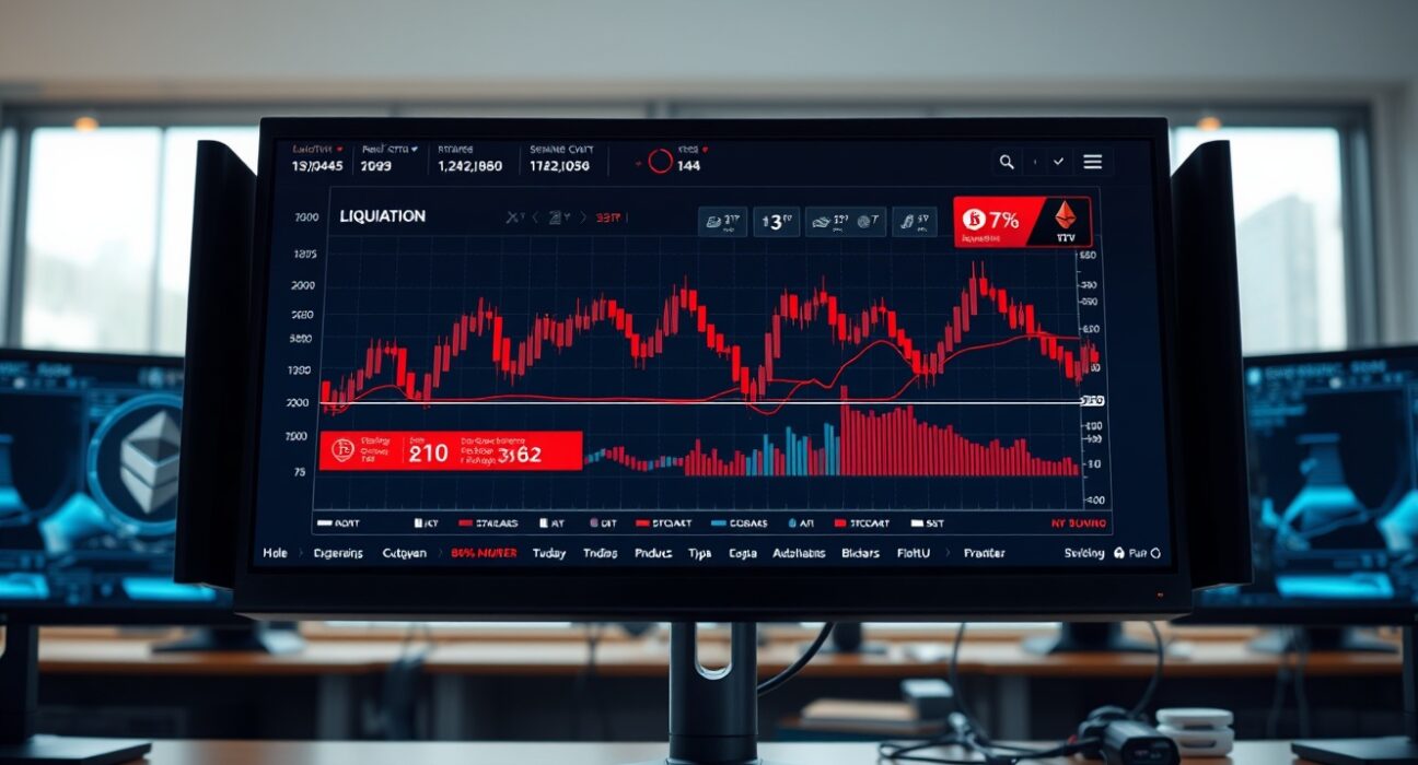 Cryptocurrency trading dashboard showing real-time futures liquidations and market volatility data during a major sell-off.
