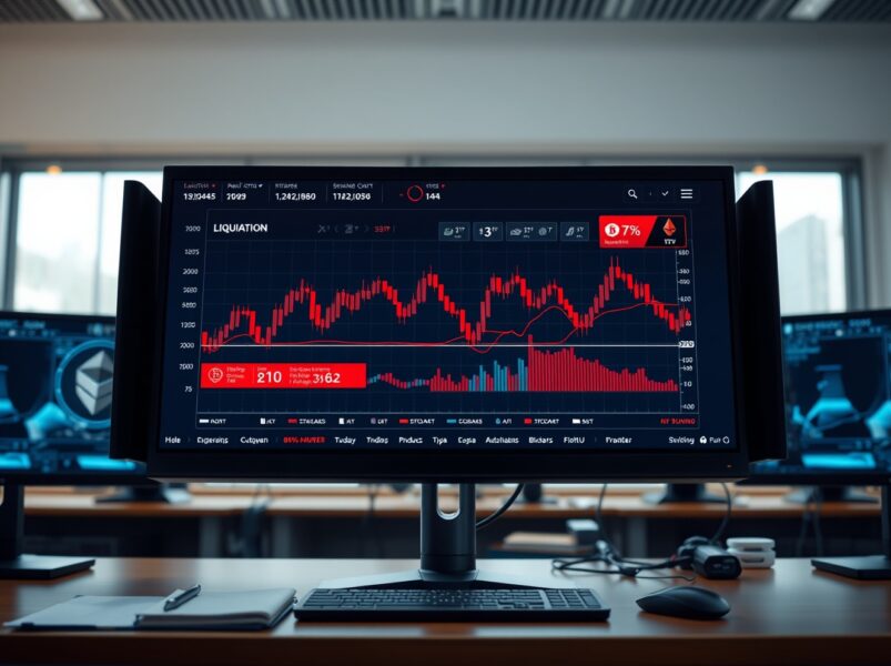 Cryptocurrency trading dashboard showing real-time futures liquidations and market volatility data during a major sell-off.