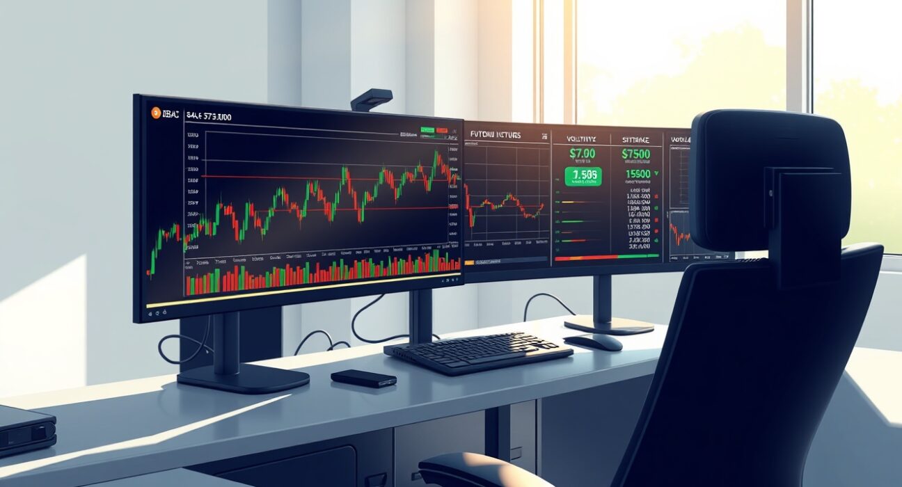 Professional trading desk monitoring crypto futures open interest reaching $112 billion as Bitcoin tests resistance.