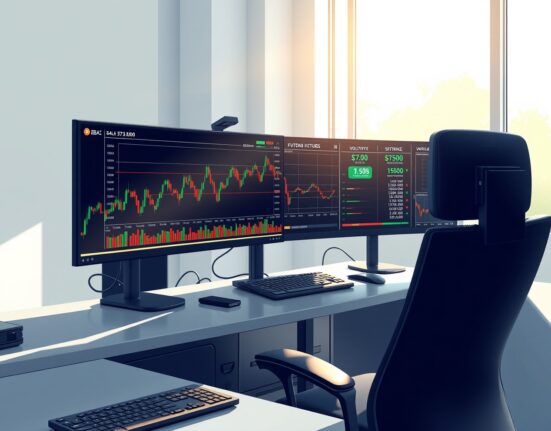 Professional trading desk monitoring crypto futures open interest reaching $112 billion as Bitcoin tests resistance.