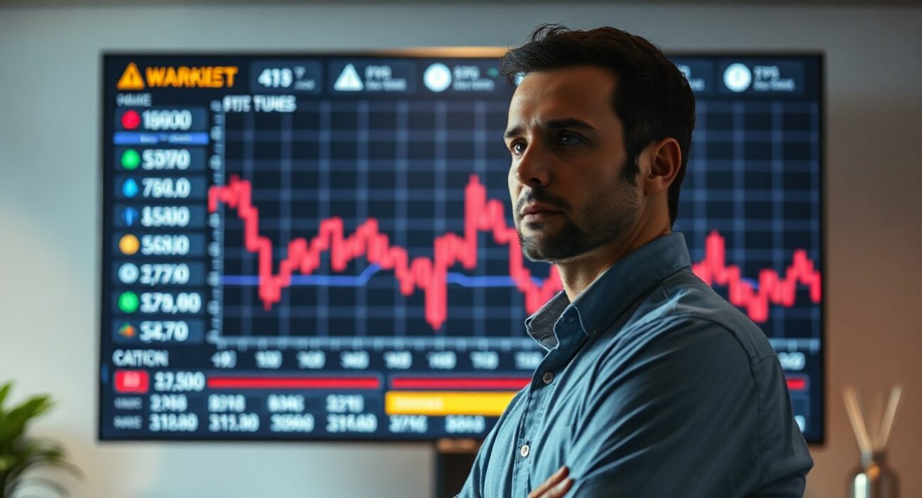 Financial analyst monitoring crypto futures market with warning indicators on screen