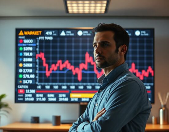 Financial analyst monitoring crypto futures market with warning indicators on screen