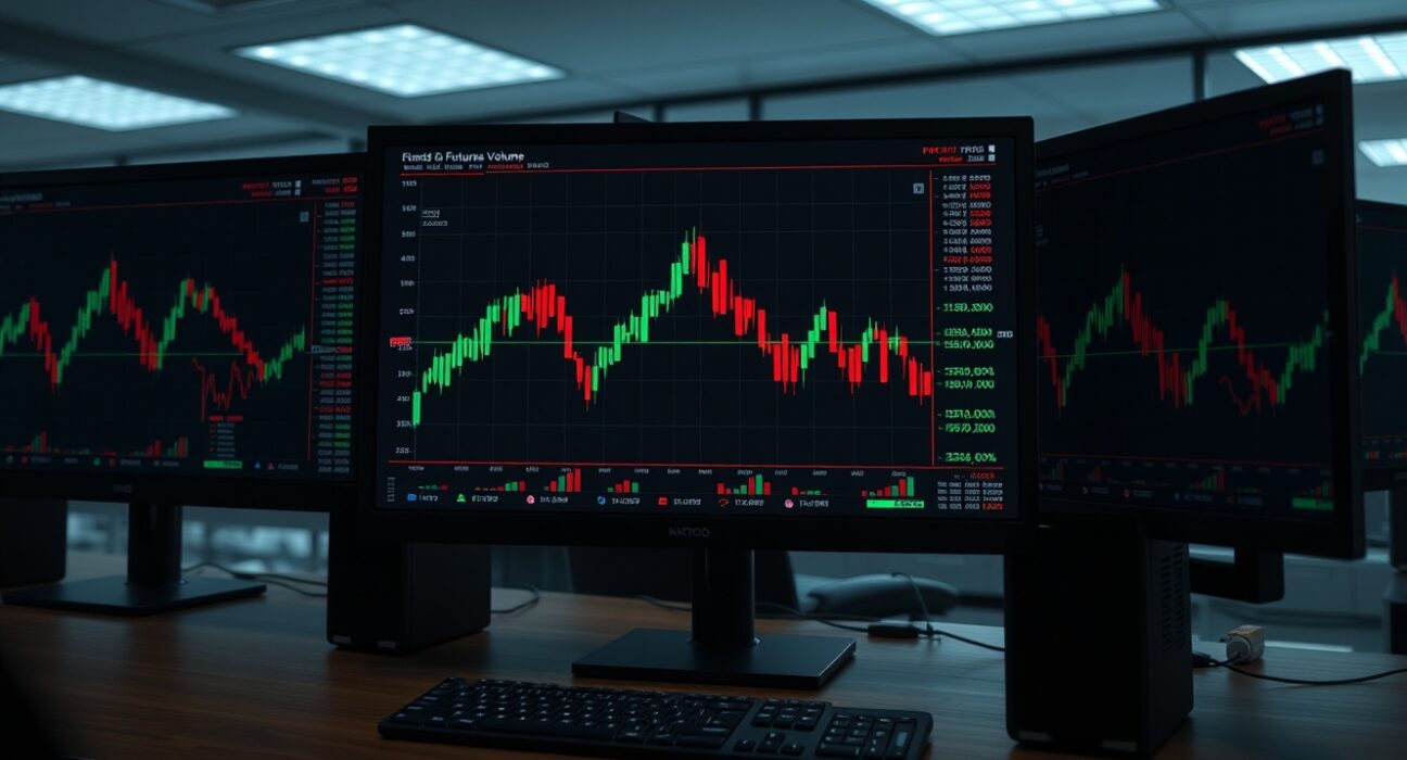 Cryptocurrency trading desk monitors showing declining futures volume charts in a dimly lit office