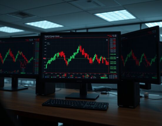 Cryptocurrency trading desk monitors showing declining futures volume charts in a dimly lit office