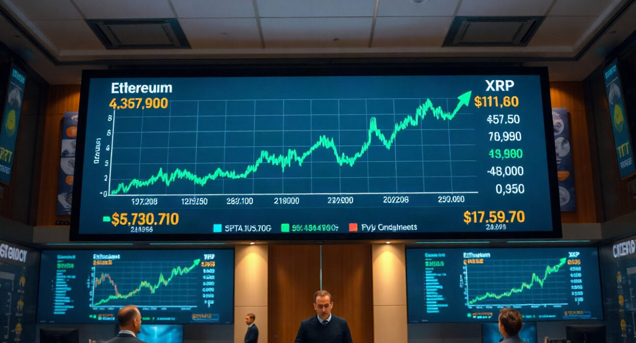 Digital trading screen showing upward price charts for Bitcoin, Ethereum, and XRP