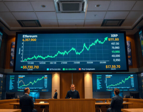 Digital trading screen showing upward price charts for Bitcoin, Ethereum, and XRP