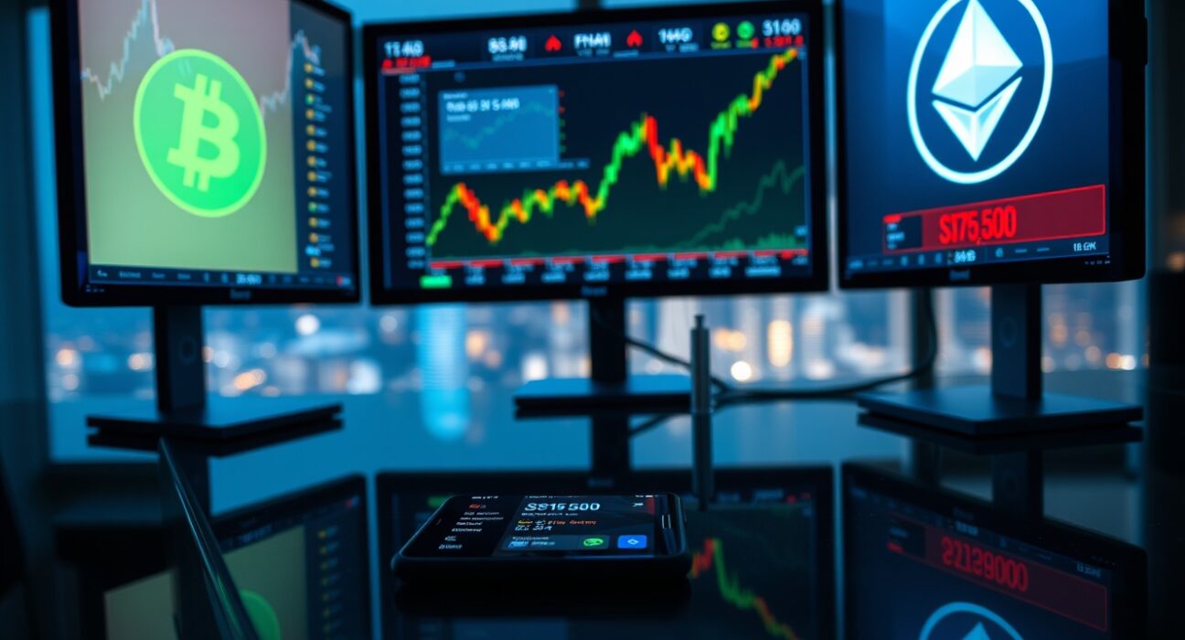 Trading desk monitors showing cryptocurrency price charts with Bitcoin and Ethereum logos, indicating market rally.