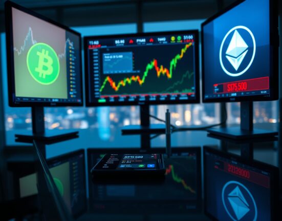 Trading desk monitors showing cryptocurrency price charts with Bitcoin and Ethereum logos, indicating market rally.