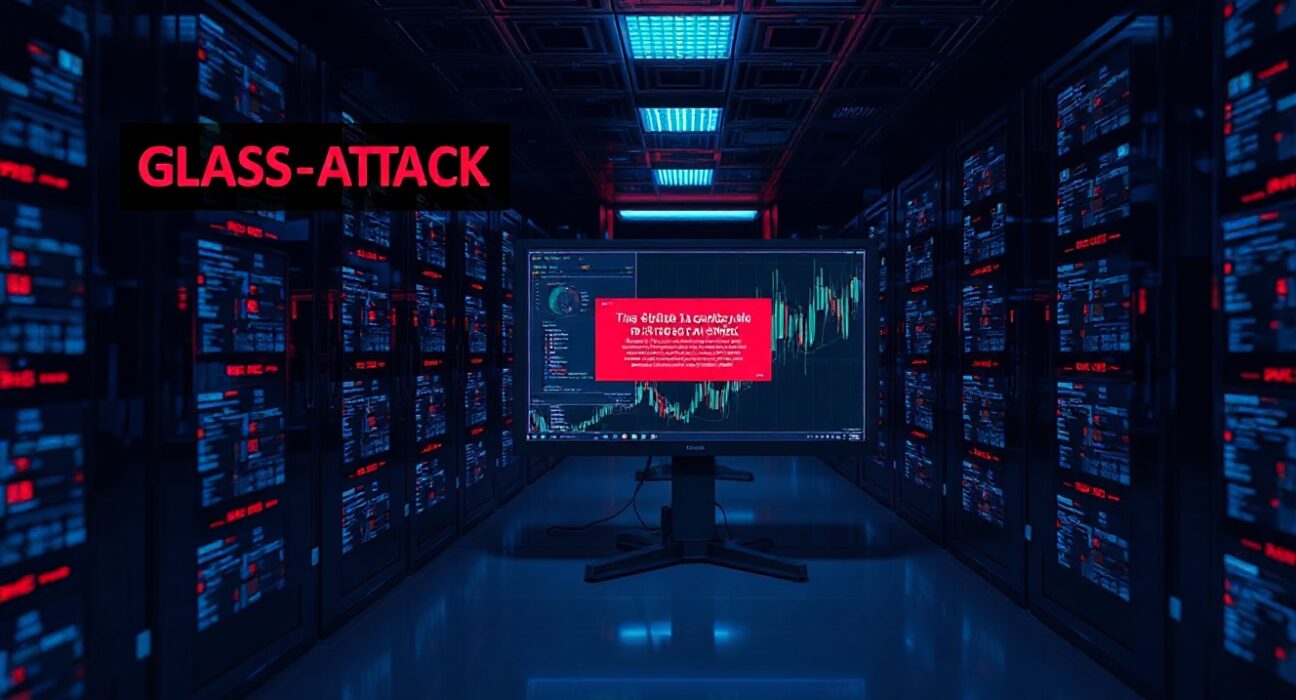 Dark server room with monitors displaying blockchain data and a security breach warning related to cryptocurrency hacks.