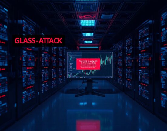 Dark server room with monitors displaying blockchain data and a security breach warning related to cryptocurrency hacks.