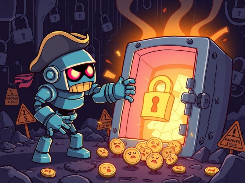 Cartoon illustration of a crypto hack with a robot attacking a digital vault, showing alarming cryptocurrency losses.