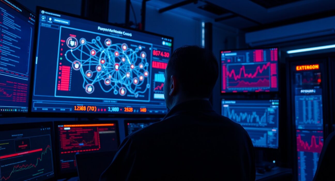 Cybersecurity analyst monitoring crypto hacking data on multiple screens in a dark control room