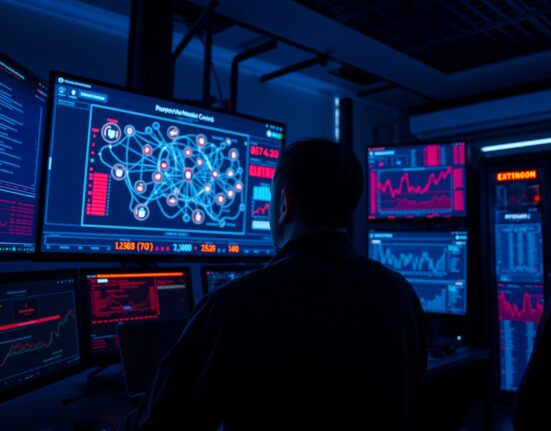 Cybersecurity analyst monitoring crypto hacking data on multiple screens in a dark control room