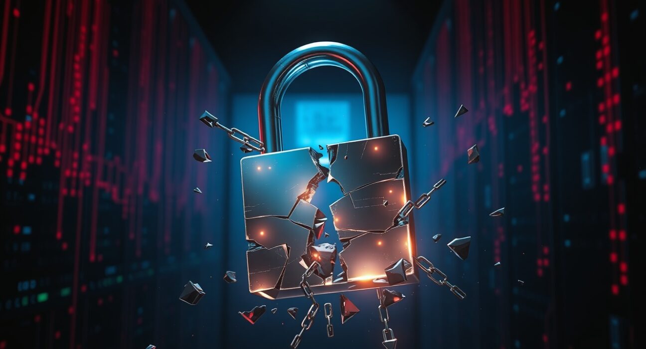 Shattered digital padlock representing crypto hacking losses in April 2025, with blockchain nodes and data streams in the background.