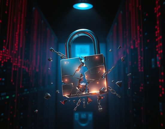 Shattered digital padlock representing crypto hacking losses in April 2025, with blockchain nodes and data streams in the background.