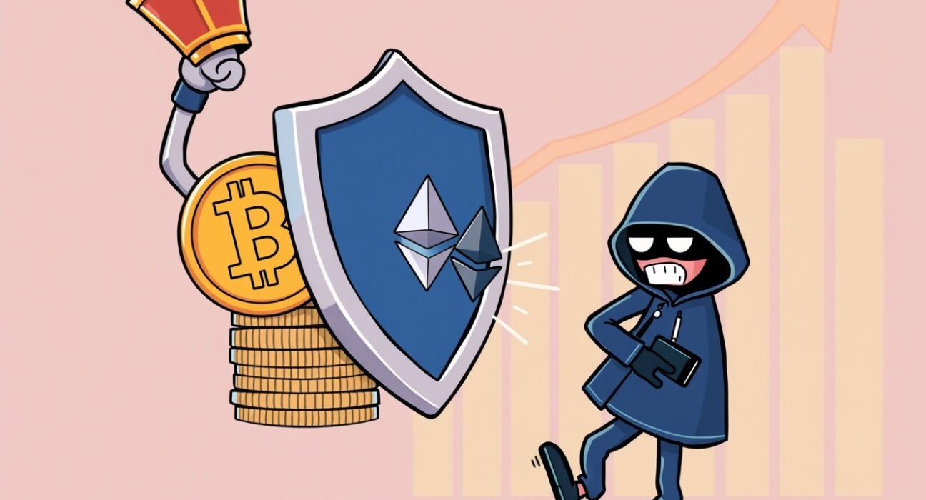Cartoon illustration showing reduced crypto hacking losses, with a shield protecting digital assets from a retreating hacker.